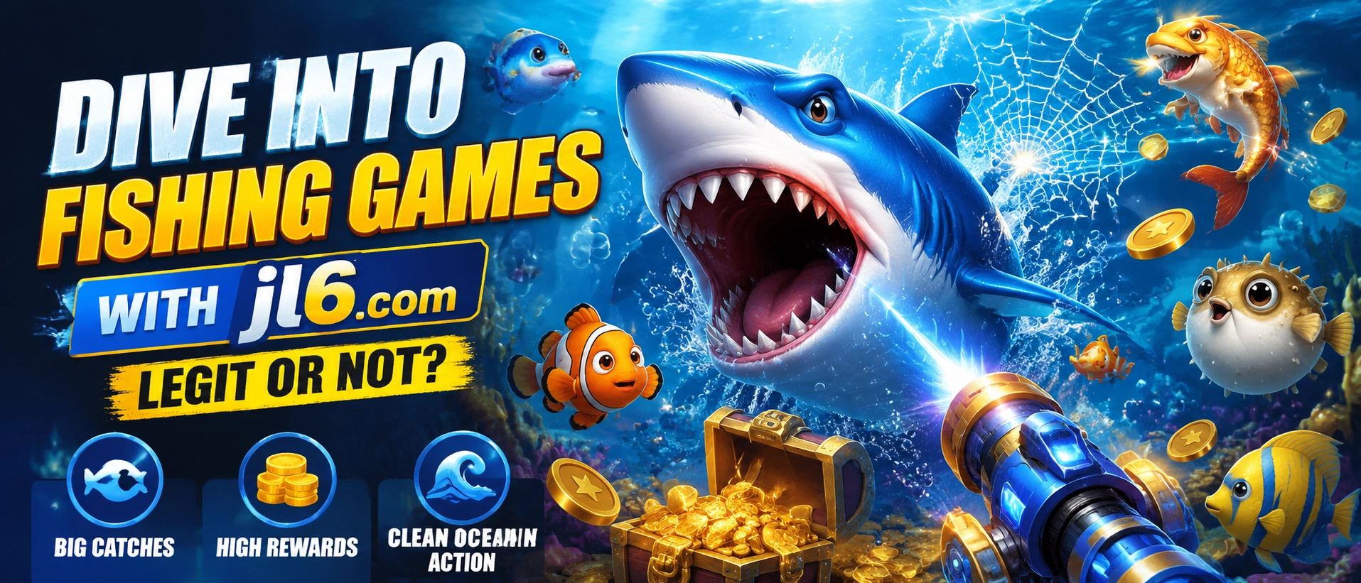 Fishing game interface showing multiple fish targets and action effects