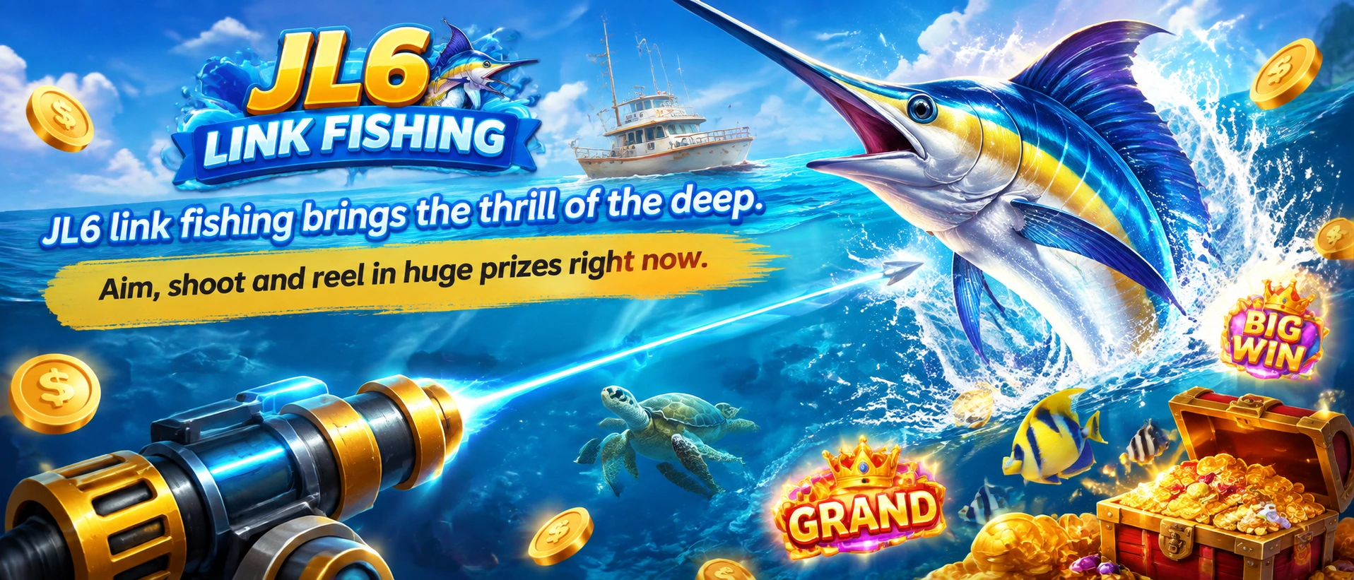 Arcade fishing screen with bright targets and underwater theme